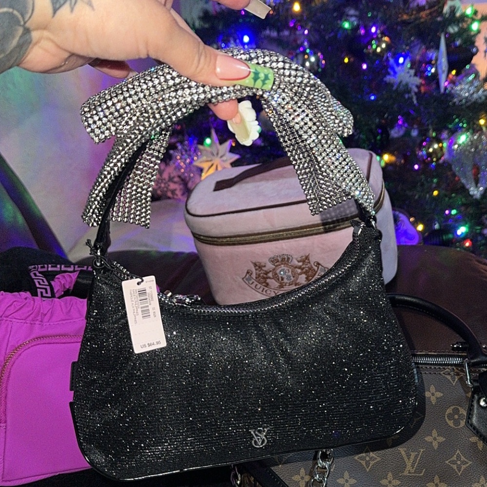 Victoria’s Secret mini curve bling bow bag in black sparkle